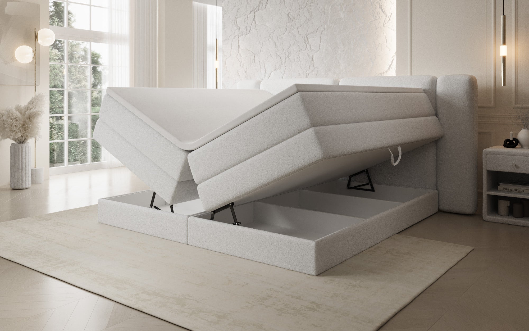 Boxspringbett Leni mit hochklappbarem Stauraum in Teddy Bouclé