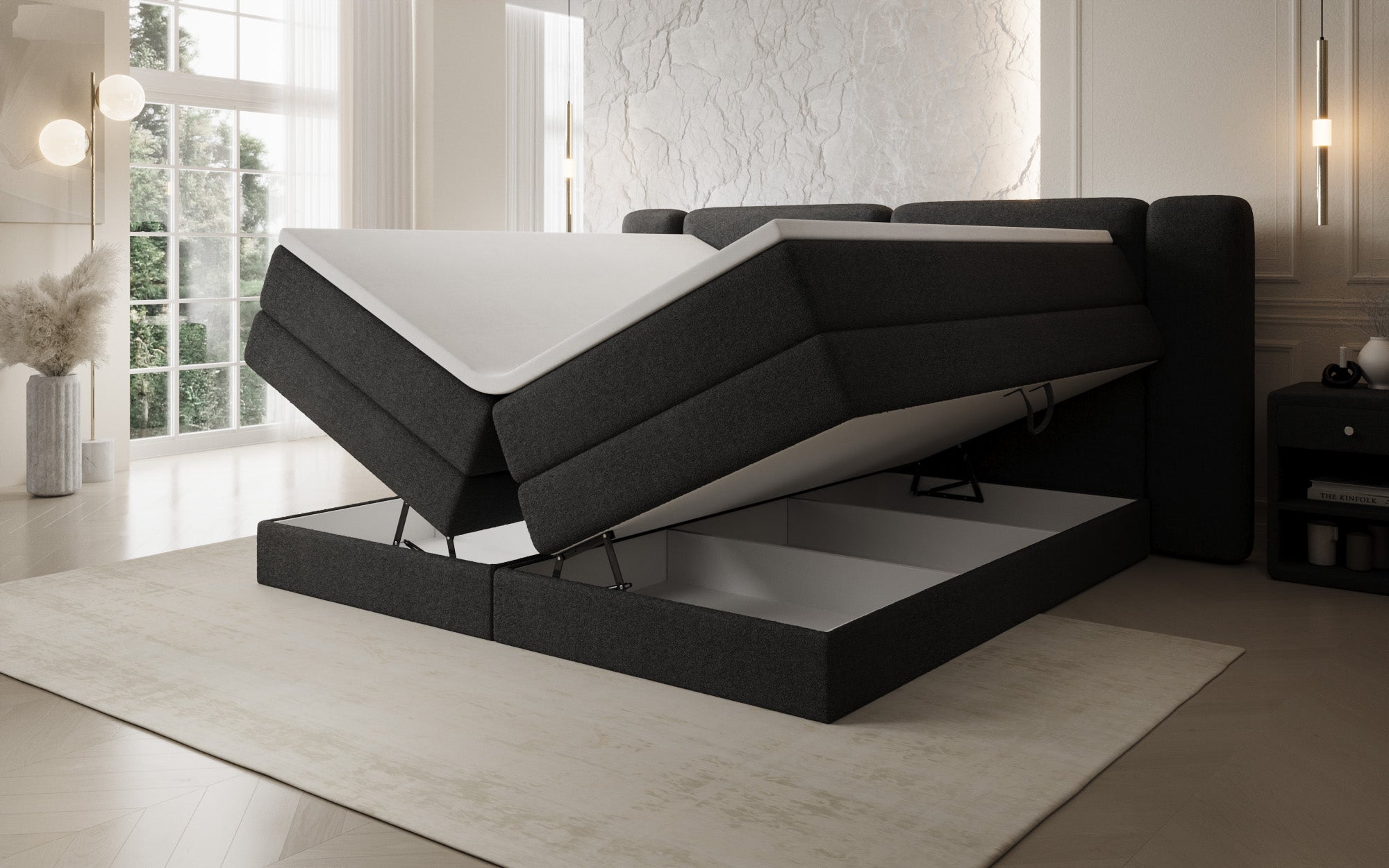 Boxspringbett Leni mit hochklappbarem Stauraum in Teddy Bouclé