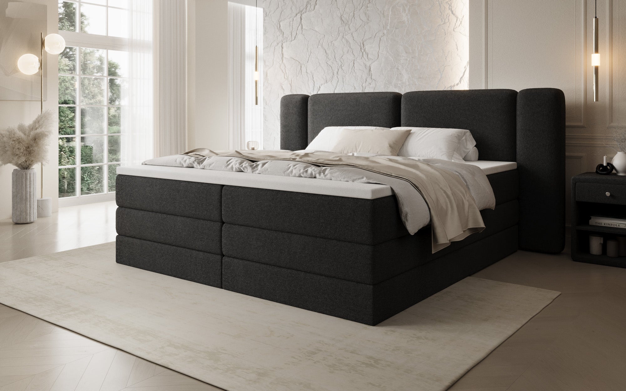 Boxspringbett Leni mit hochklappbarem Stauraum in Teddy Bouclé