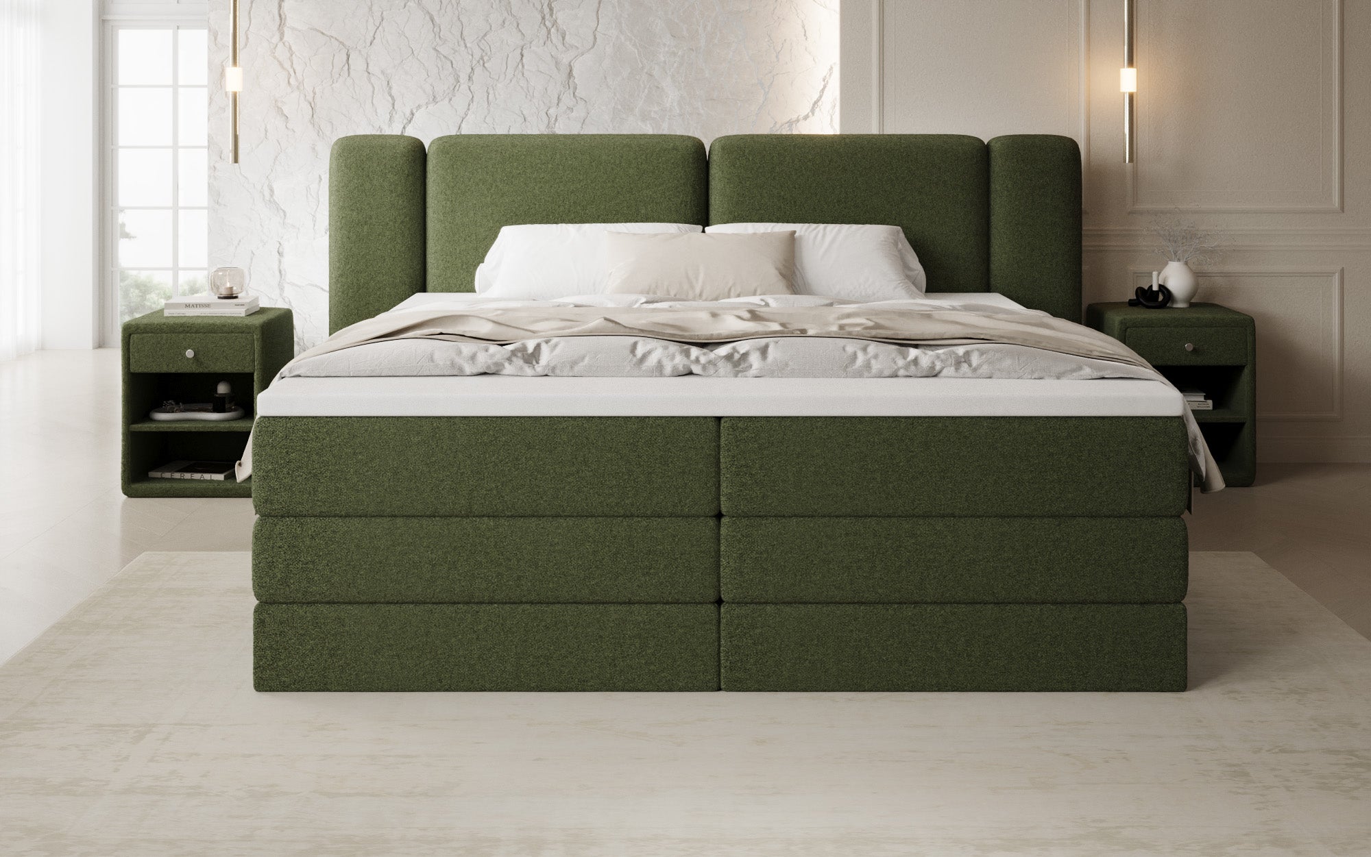 Boxspringbett Leni mit hochklappbarem Stauraum in Teddy Bouclé