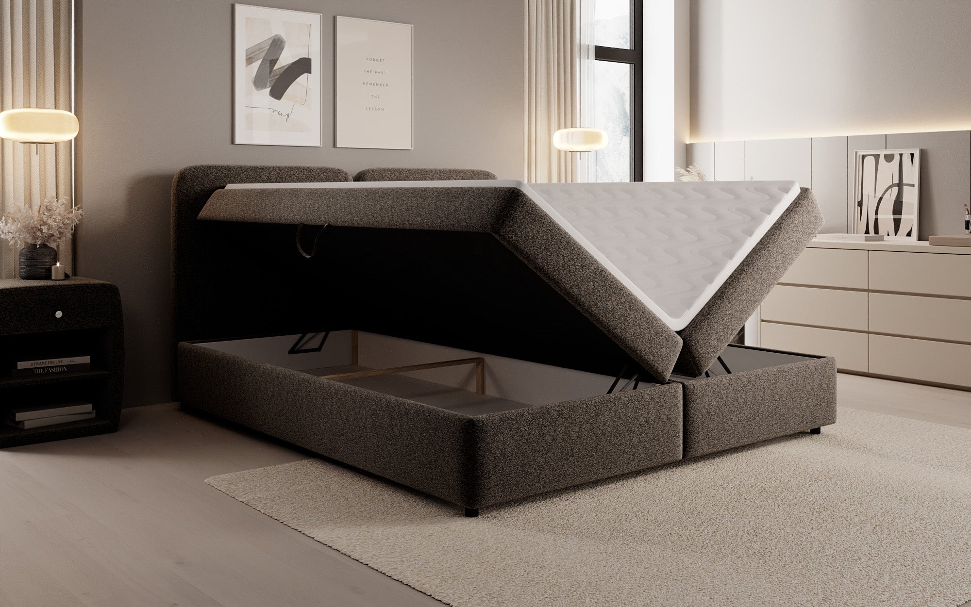 Boxspringbett Mira in Strukturstoff mit Stauraum