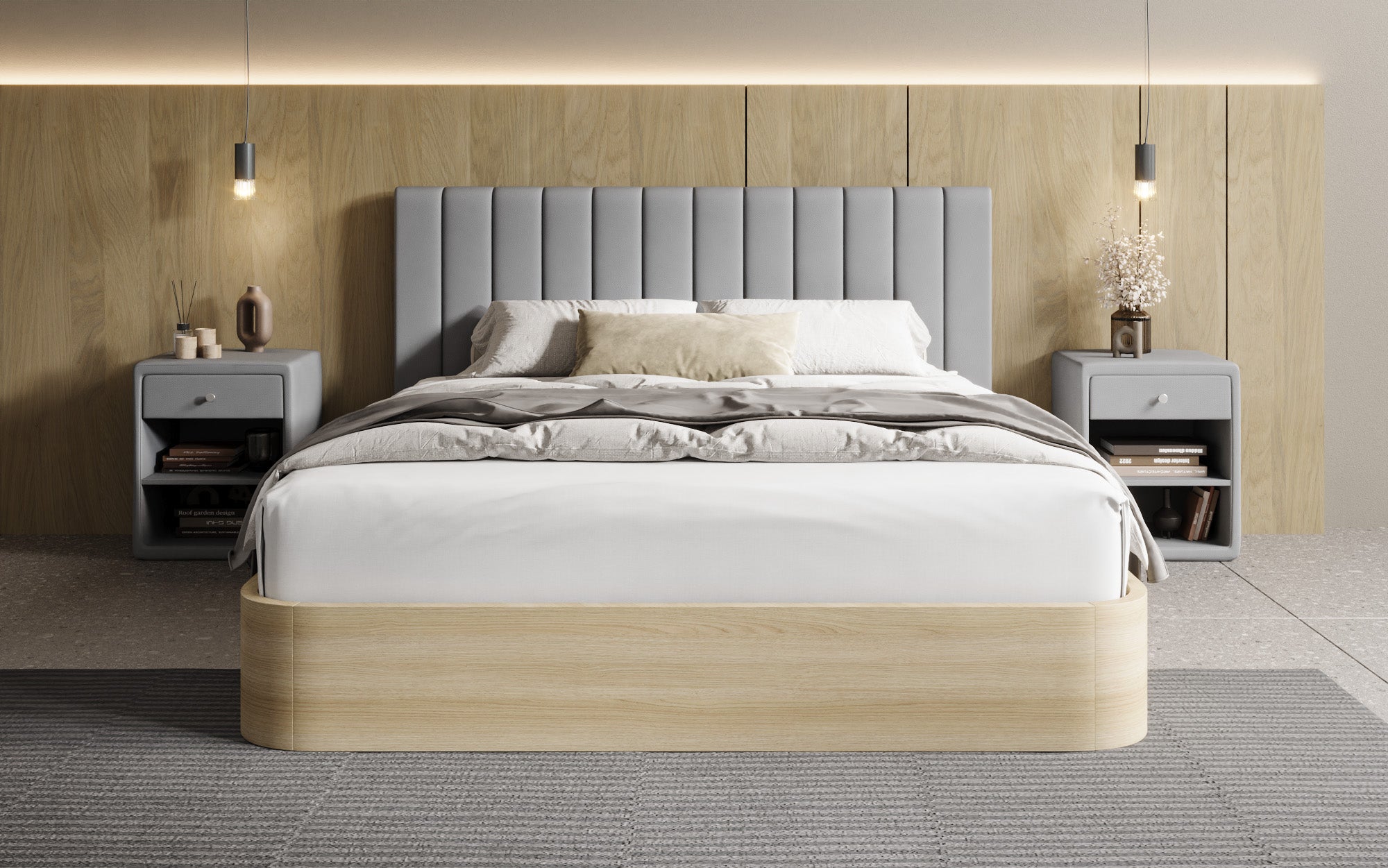 Designer Polsterbett Fiore Linea in Stoff mit Stauraum