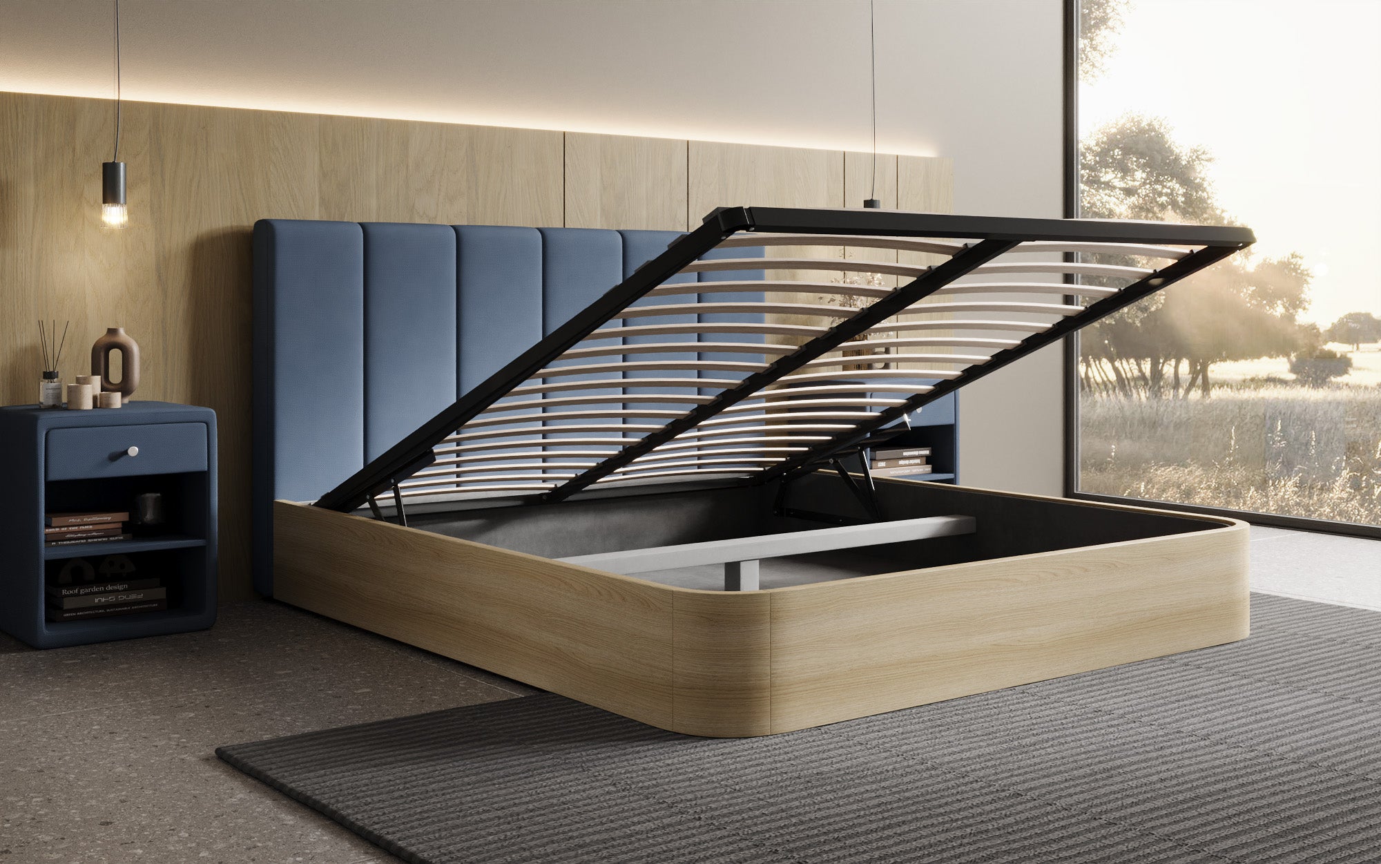 Designer Polsterbett Fiore Piano in Stoff mit Stauraum