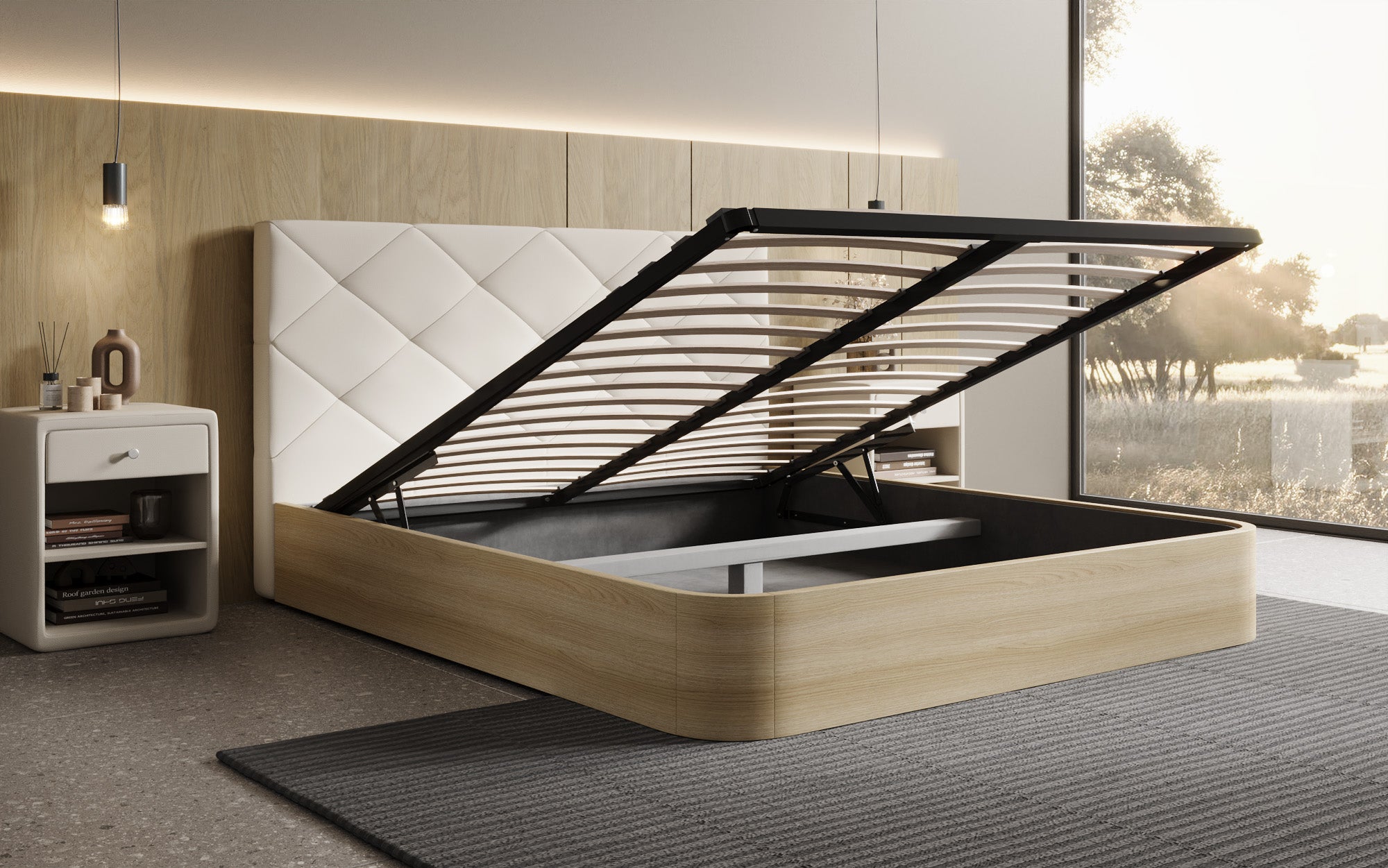 Designer Polsterbett Fiore Caro in Stoff mit Stauraum