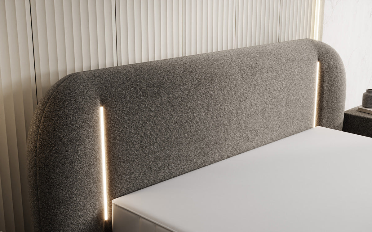 Designer Polsterbett Momo in Strukturstoff mit Stauraum und LED