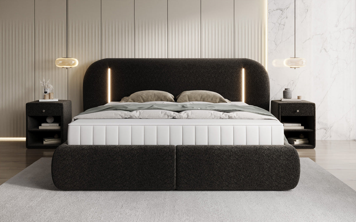 Designer Polsterbett Momo in Strukturstoff mit Stauraum und LED