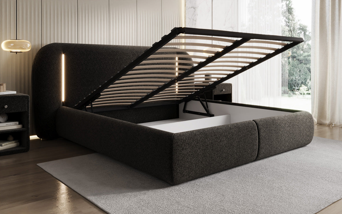Designer Polsterbett Momo in Strukturstoff mit Stauraum und LED