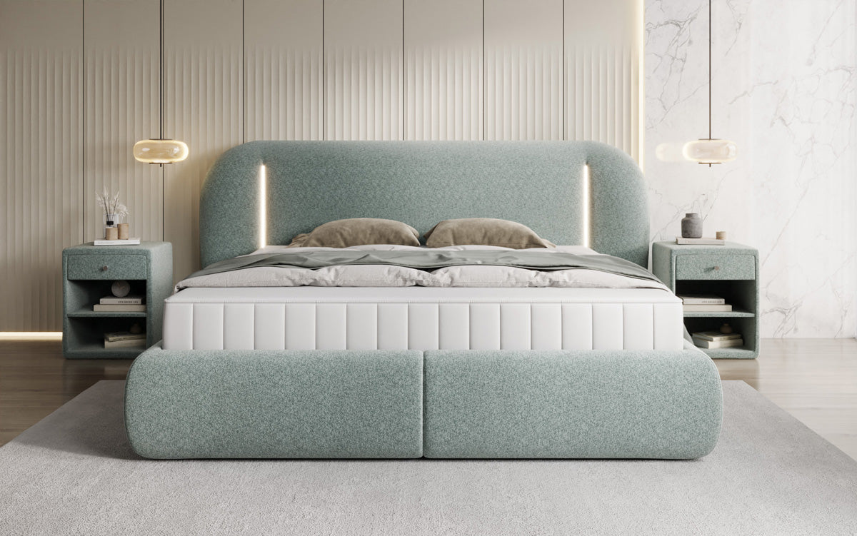 Designer Polsterbett Momo in Strukturstoff mit Stauraum und LED