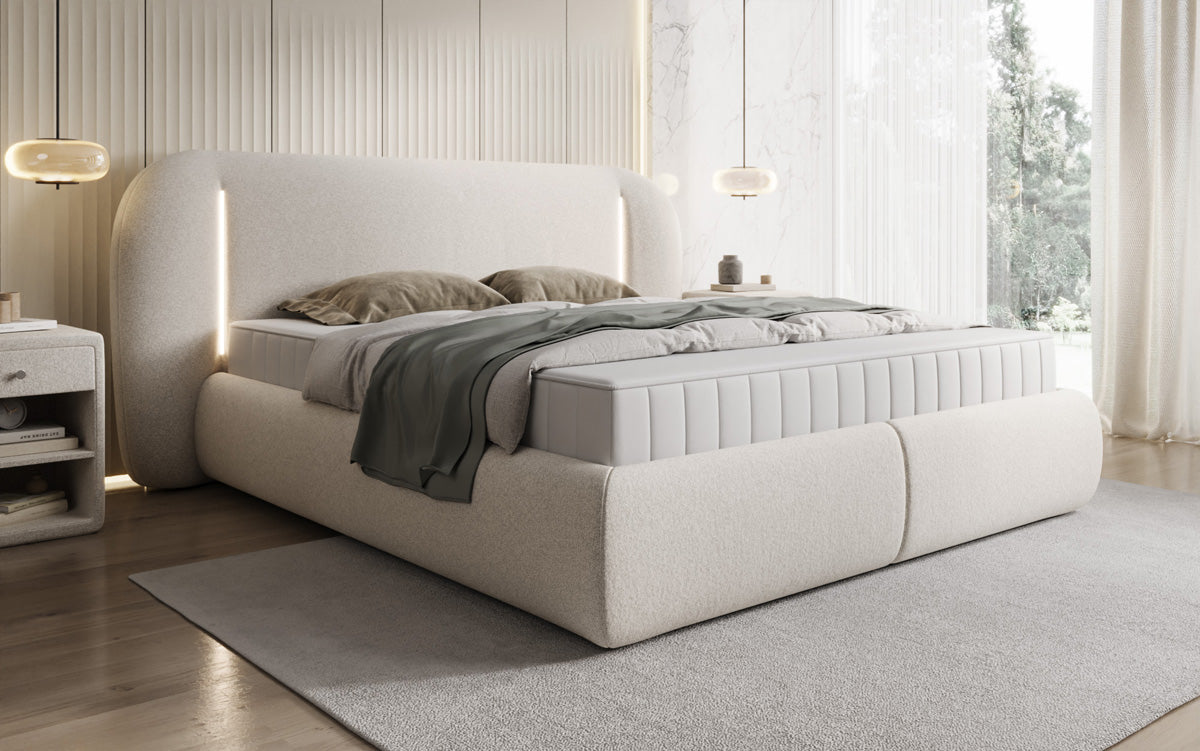 Designer Polsterbett Momo in Strukturstoff mit Stauraum und LED