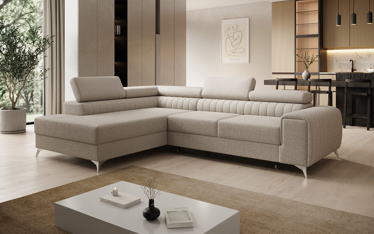 Designer Ecksofa Aurea mit Schlaf- und Klappfunktion in Bouclé