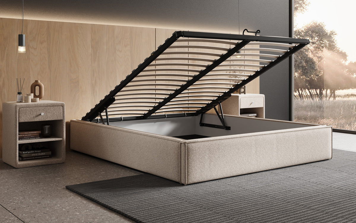 Designer Polsterbett Base mit Stauraum ohne Headboard in Strukturstoff
