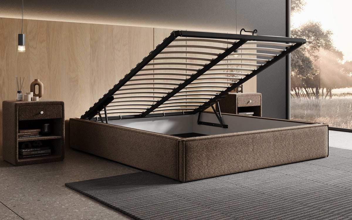 Designer Polsterbett Base mit Stauraum ohne Headboard in Strukturstoff
