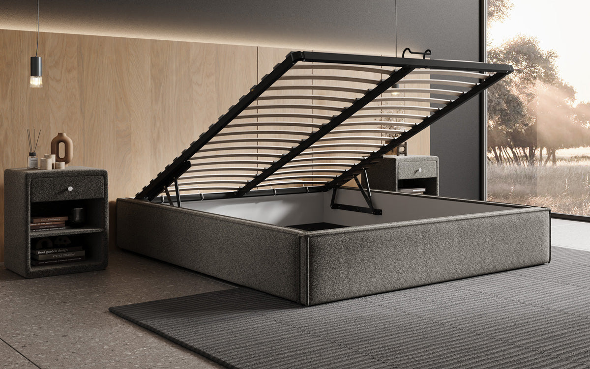Designer Polsterbett Base mit Stauraum ohne Headboard in Strukturstoff