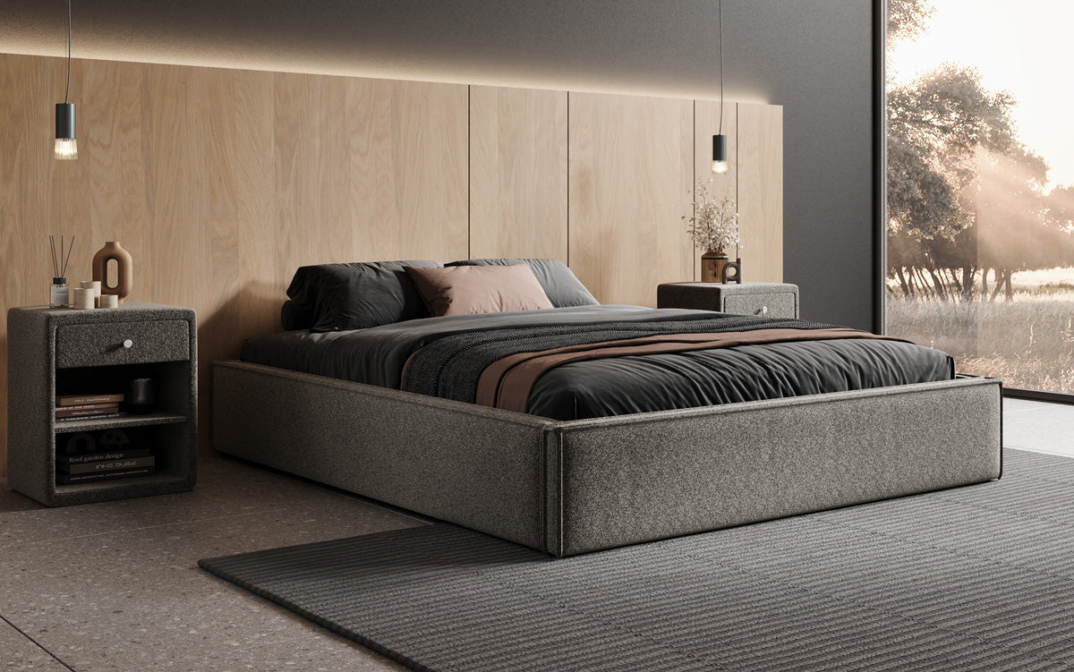 Designer Polsterbett Base mit Stauraum ohne Headboard in Strukturstoff
