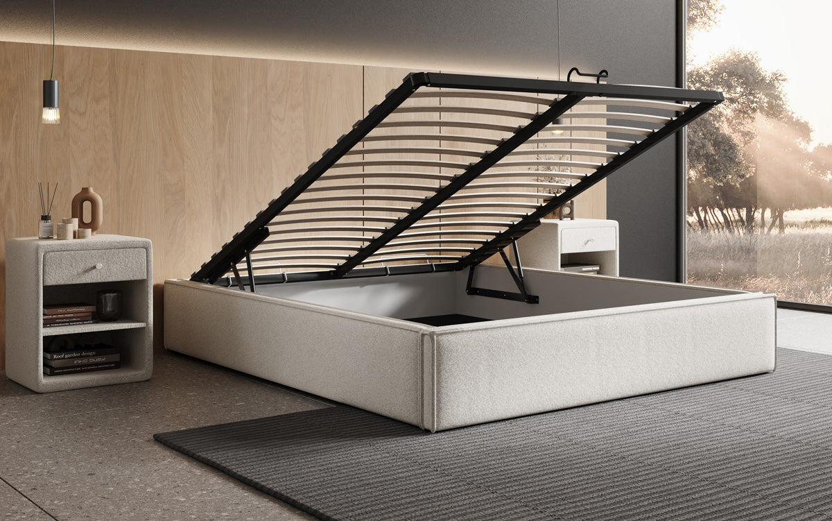 Designer Polsterbett Base mit Stauraum ohne Headboard in Strukturstoff