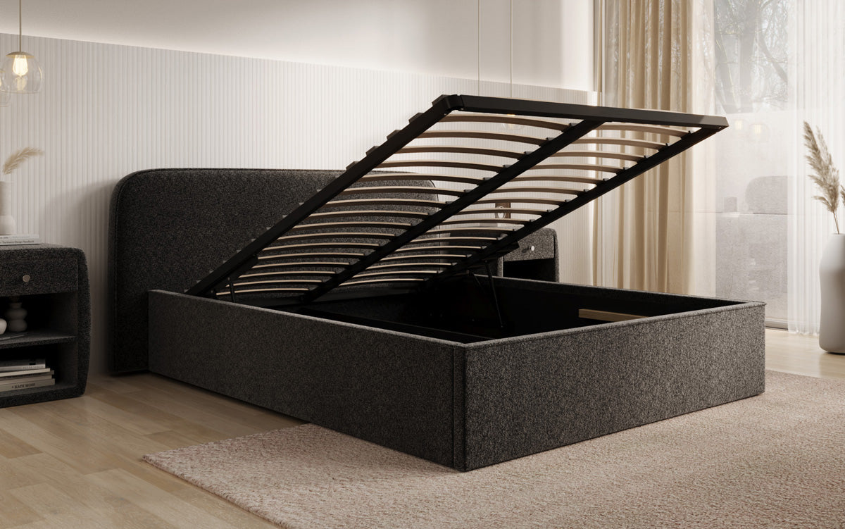 Designer Polsterbett Nola in Strukturstoff mit Stauraum
