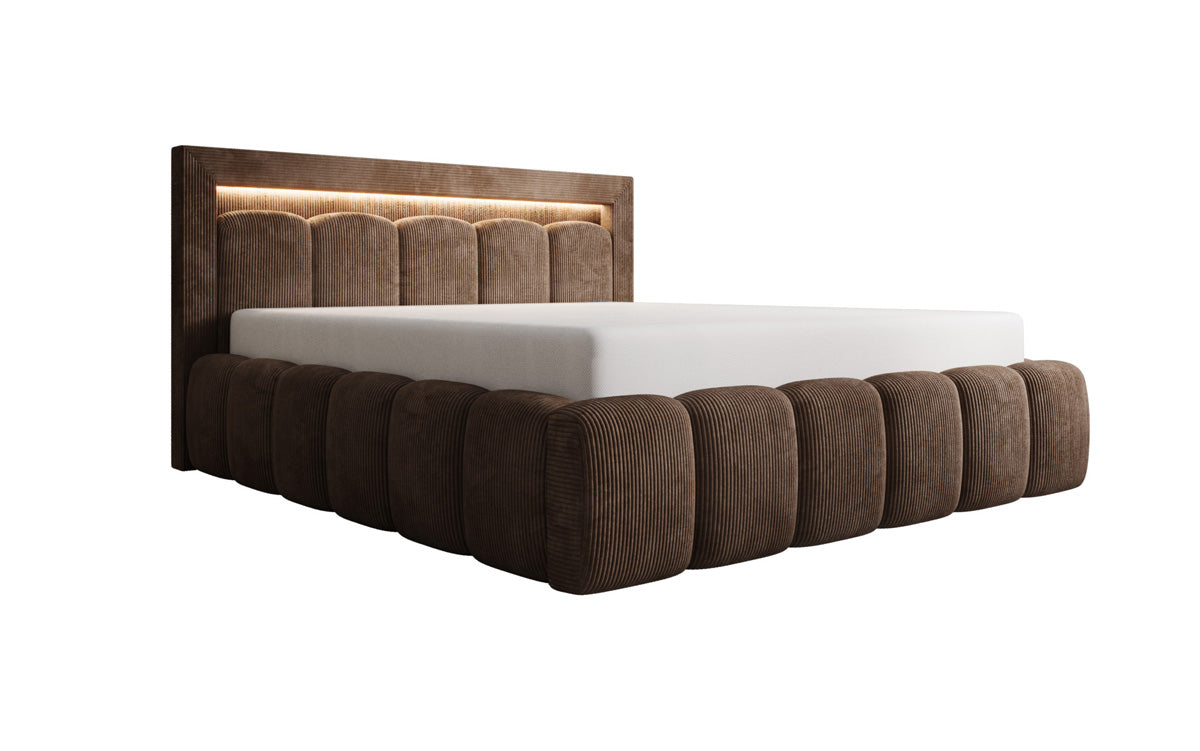 Designer Polsterbett Lume in Cord mit Stauraum und RGB Beleuchtung