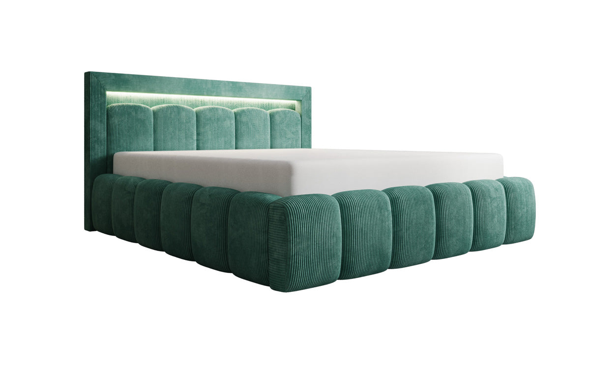 Designer Polsterbett Lume in Cord mit Stauraum und RGB Beleuchtung