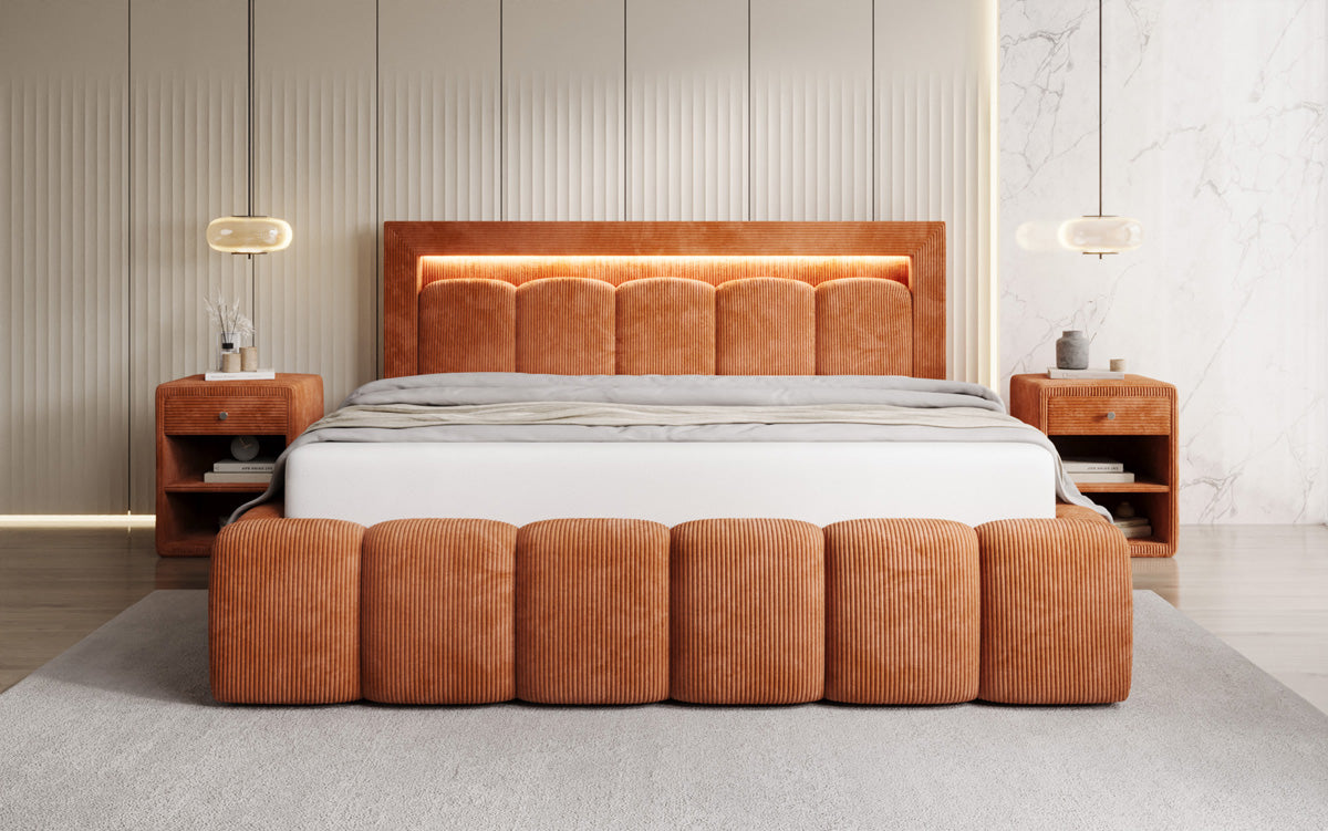 Designer Polsterbett Lume in Cord mit Stauraum und RGB Beleuchtung