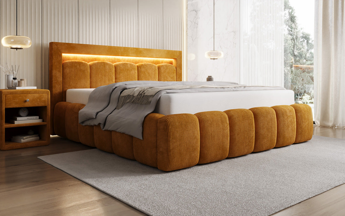 Designer Polsterbett Lume in Cord mit Stauraum und RGB Beleuchtung