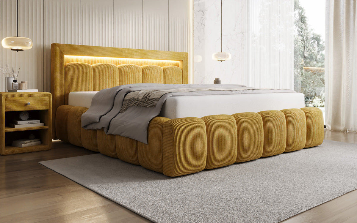 Designer Polsterbett Lume in Cord mit Stauraum und RGB Beleuchtung