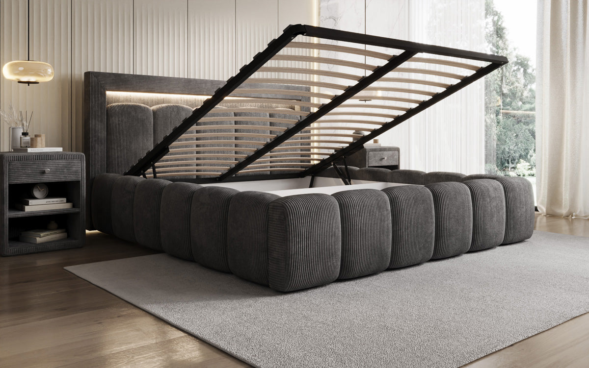 Designer Polsterbett Lume in Cord mit Stauraum und RGB Beleuchtung