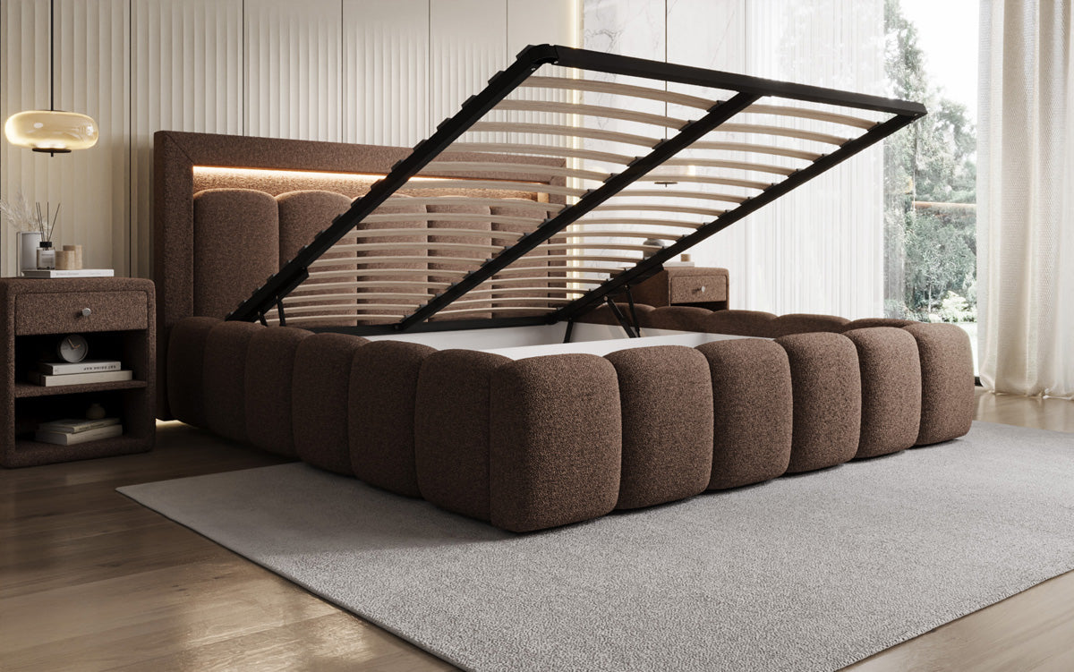 Designer Polsterbett Lume in Teddy Bouclé mit Stauraum und RGB Beleuchtung