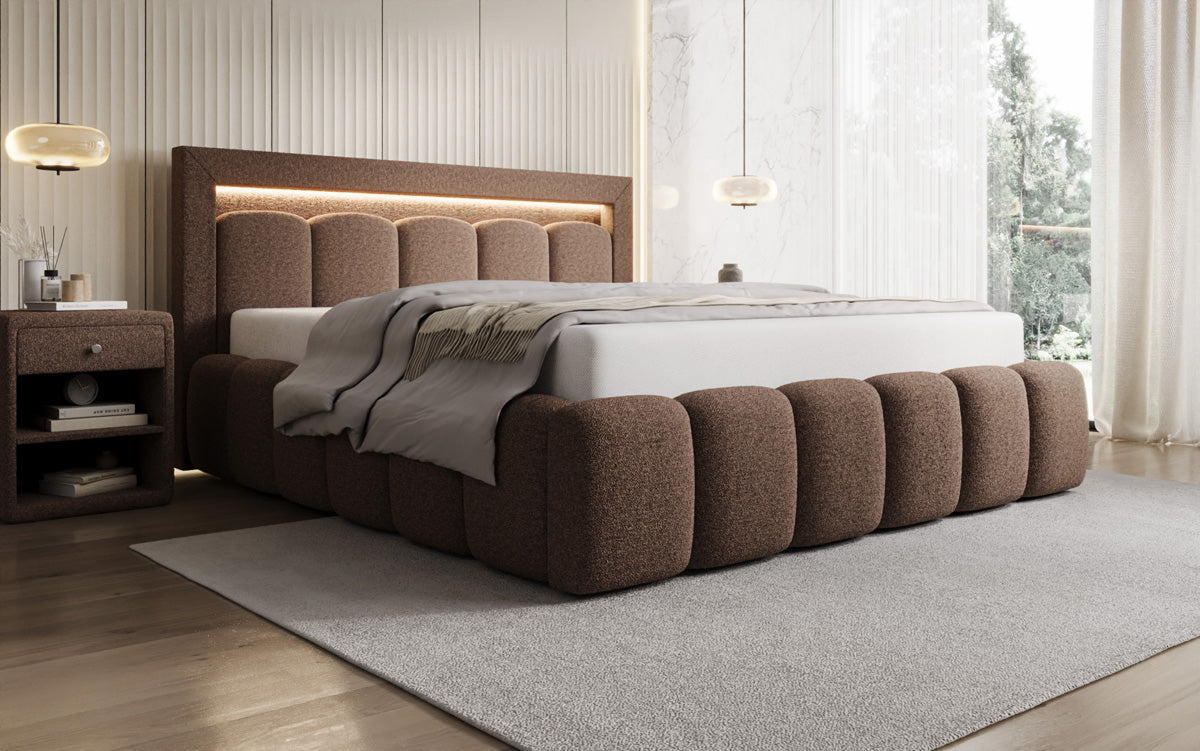 Designer Polsterbett Lume in Teddy Bouclé mit Stauraum und RGB Beleuchtung