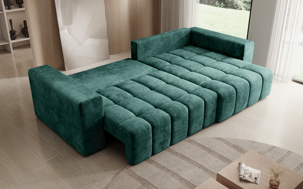 Designer Ecksofa Momo mit Schlaf- und Klappfunktion in Cord