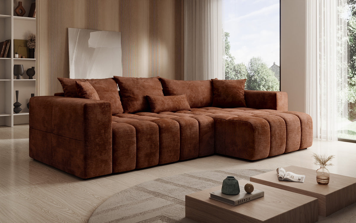 Designer Ecksofa Momo mit Schlaf- und Klappfunktion in Cord