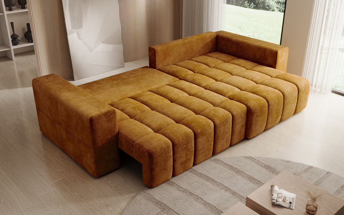 Designer Ecksofa Momo mit Schlaf- und Klappfunktion in Cord