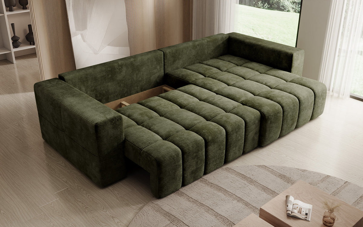 Designer Ecksofa Momo mit Schlaf- und Klappfunktion in Cord