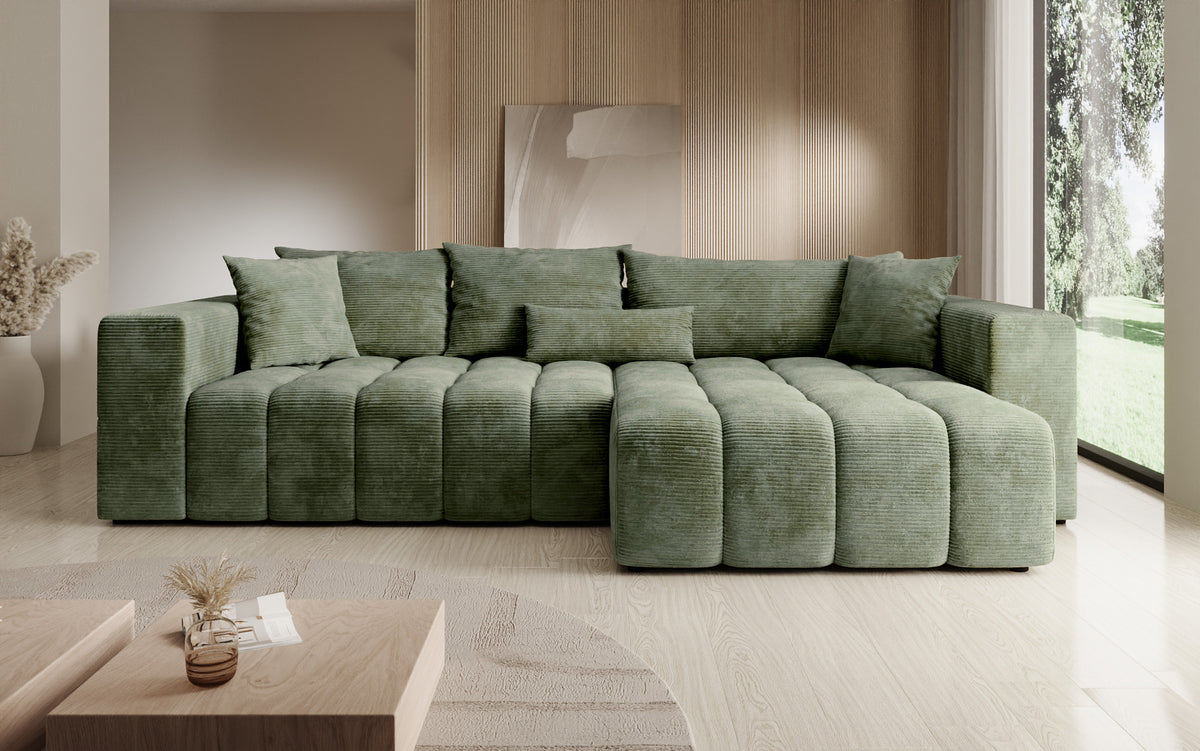 Designer Ecksofa Momo mit Schlaf- und Klappfunktion in Cord