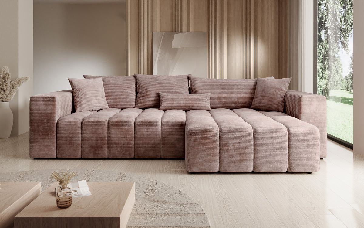 Designer Ecksofa Momo mit Schlaf- und Klappfunktion in Cord