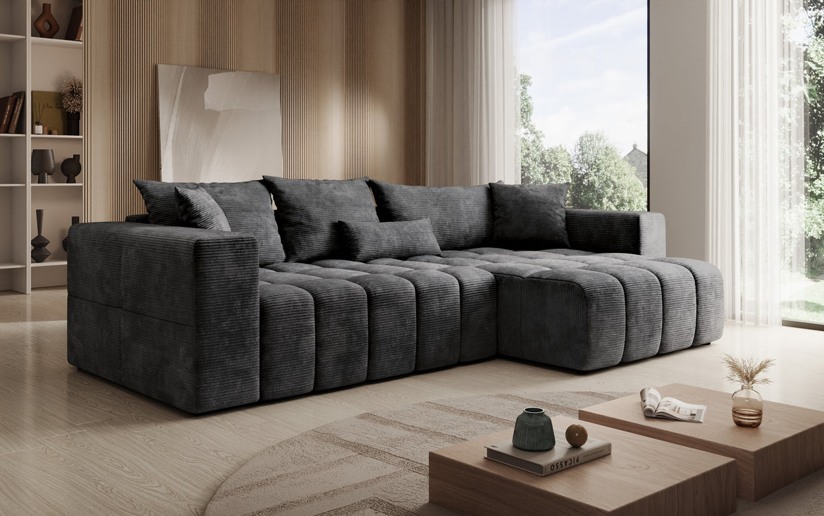 Designer Ecksofa Momo mit Schlaf- und Klappfunktion in Cord