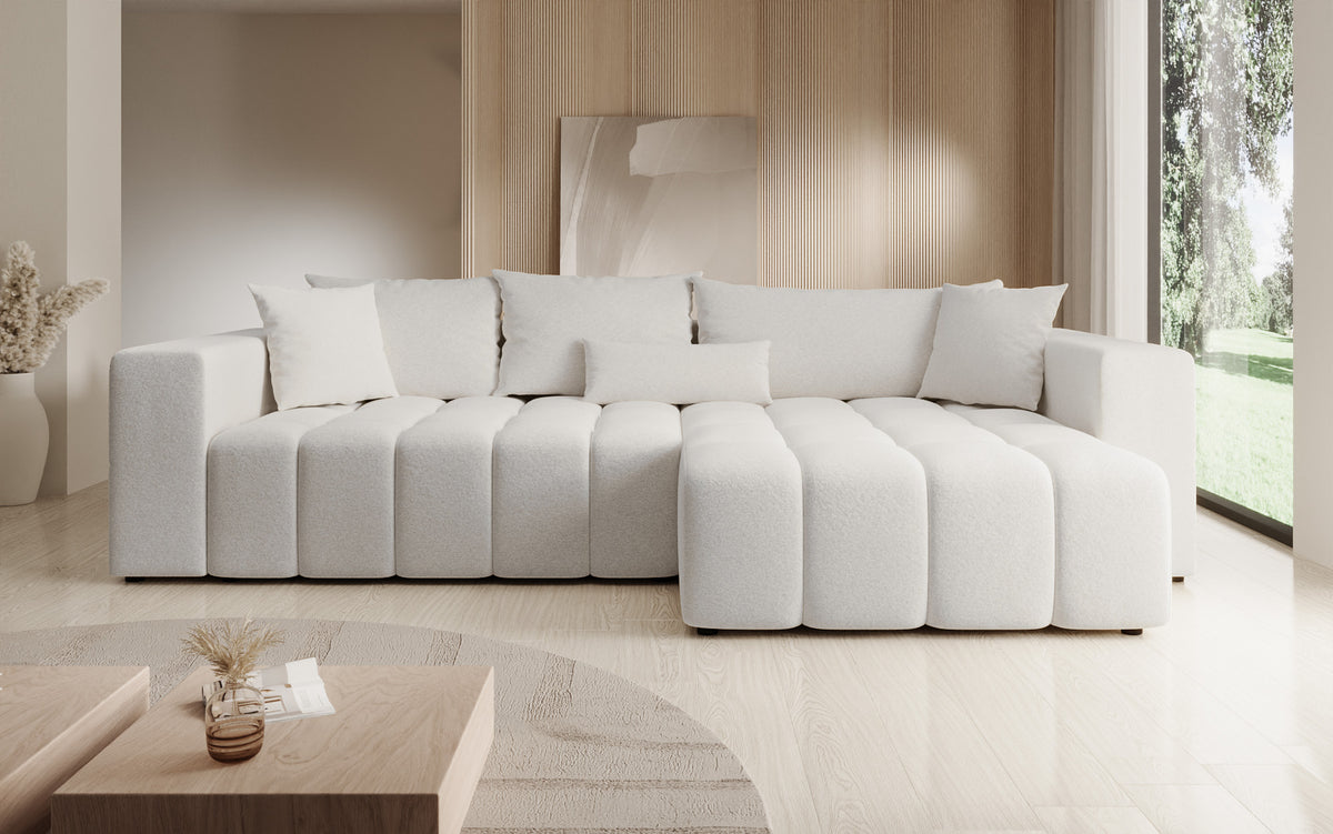 Designer Ecksofa Momo mit Schlaf- und Klappfunktion in Strukturstoff