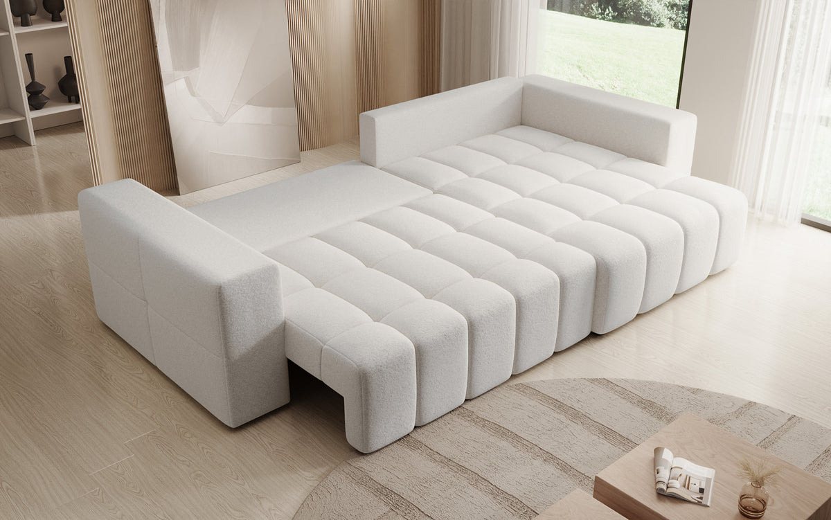 Designer Ecksofa Momo mit Schlaf- und Klappfunktion in Strukturstoff