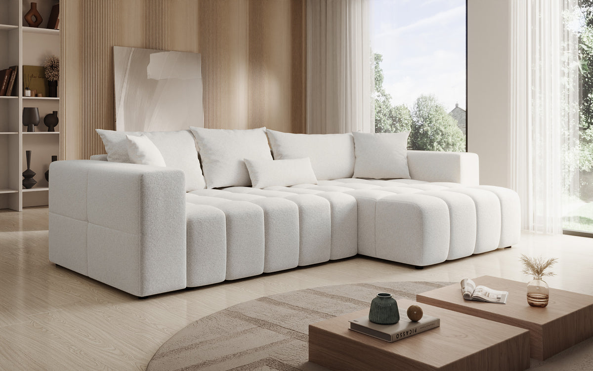 Designer Ecksofa Momo mit Schlaf- und Klappfunktion in Strukturstoff