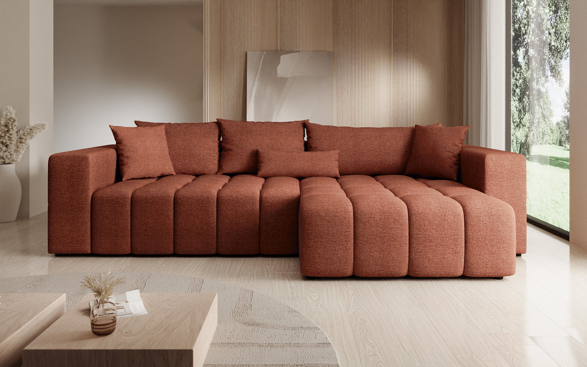 Designer Ecksofa Momo mit Schlaf- und Klappfunktion in Strukturstoff