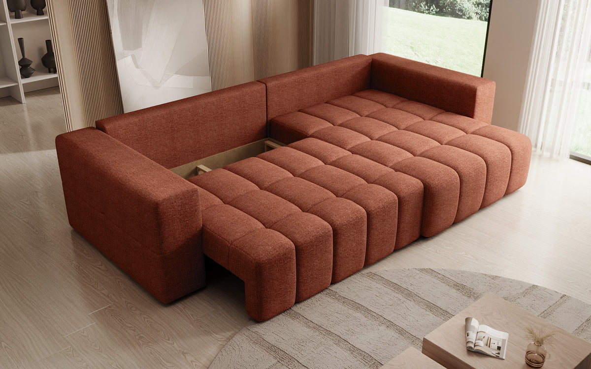Designer Ecksofa Momo mit Schlaf- und Klappfunktion in Strukturstoff