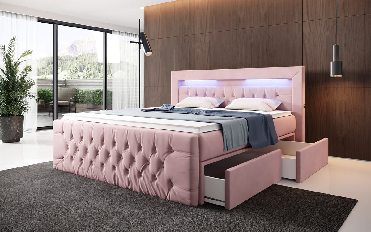Boxspringbett Menzogna Samt mit LED und Stauraum (2 Schubladen)