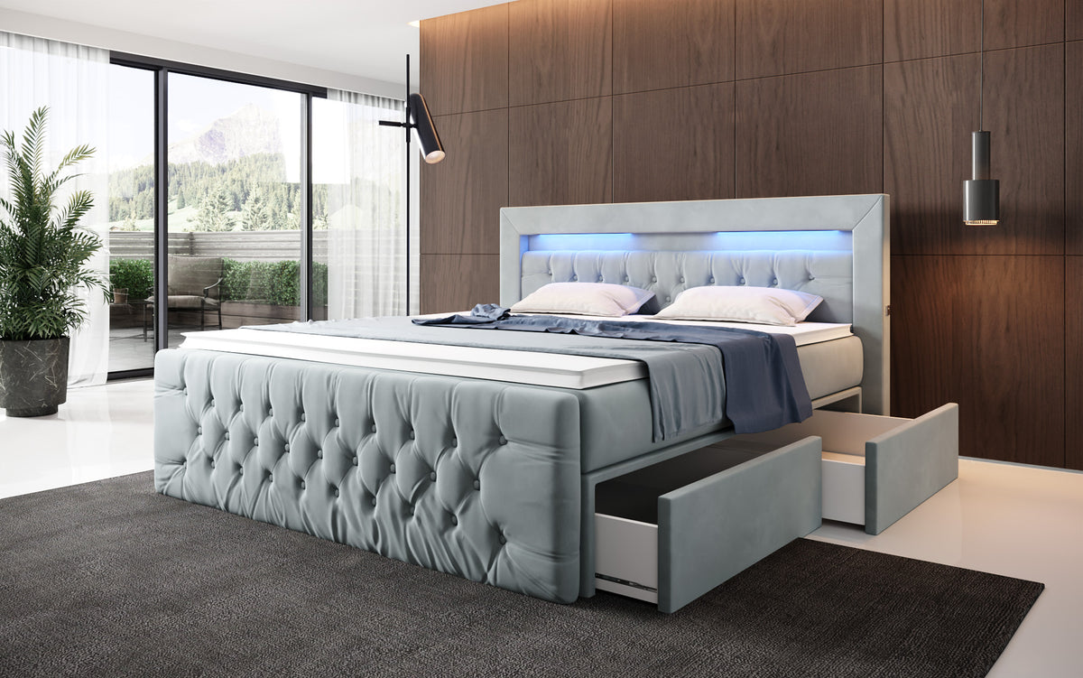 Boxspringbett Menzogna Samt mit LED und Stauraum (2 Schubladen)