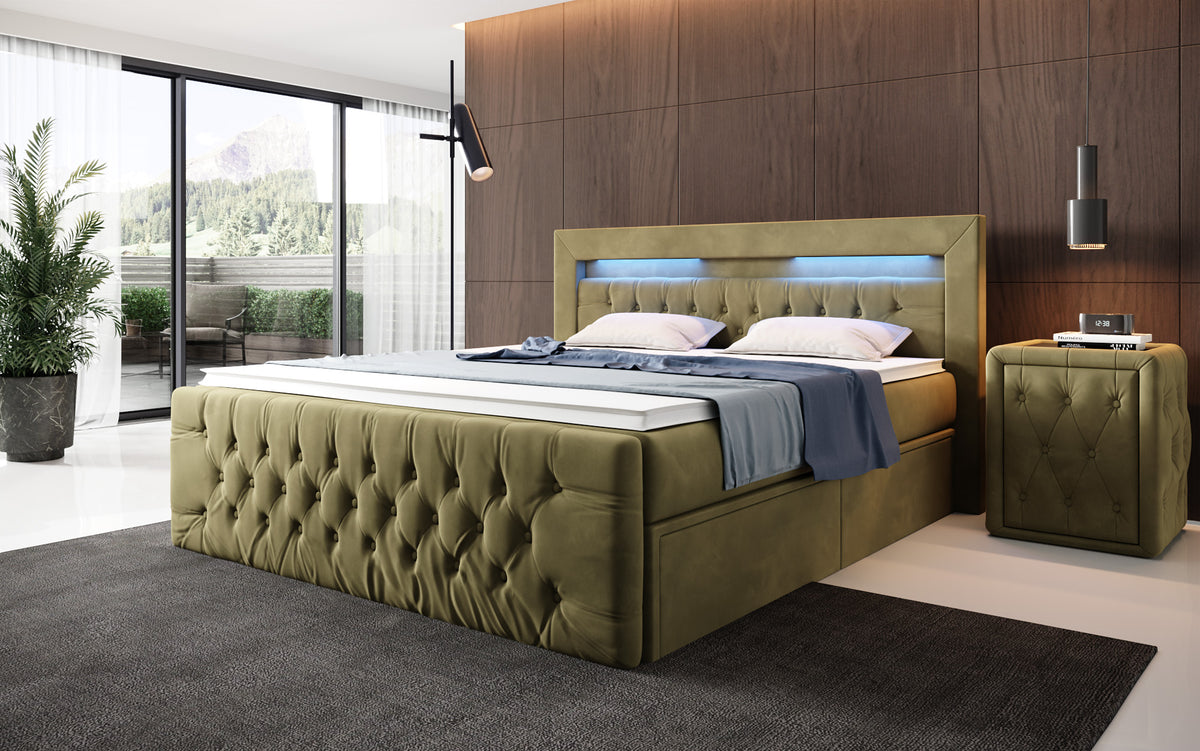 Boxspringbett Menzogna Samt mit LED und Stauraum (2 Schubladen)