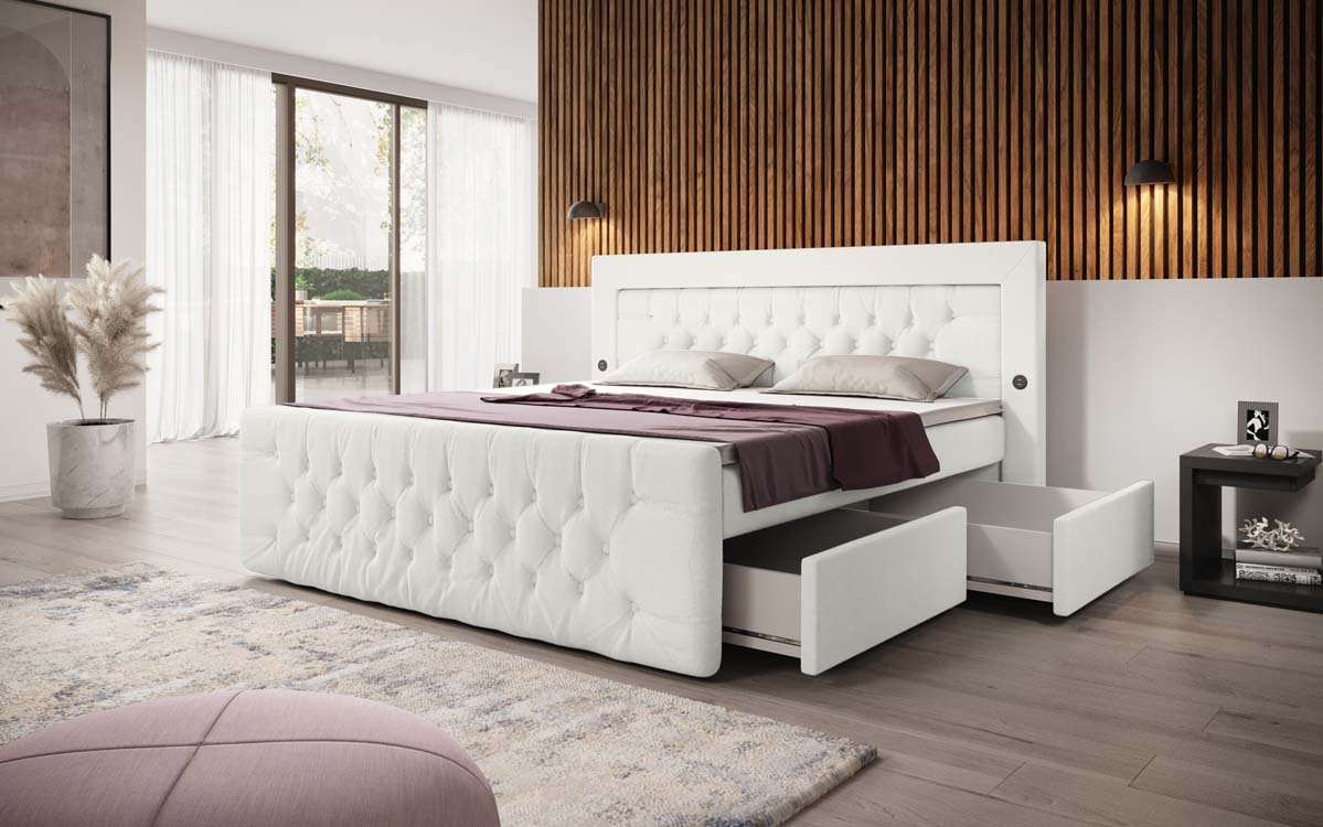 Boxspringbett Diva Bouclé mit USB, LED und 2 Schubalden