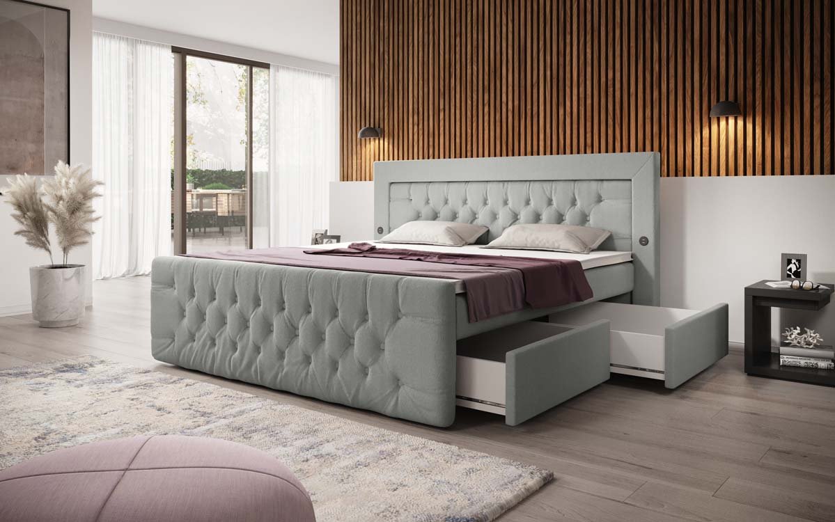 Boxspringbett Diva Bouclé mit USB, LED und 2 Schubalden