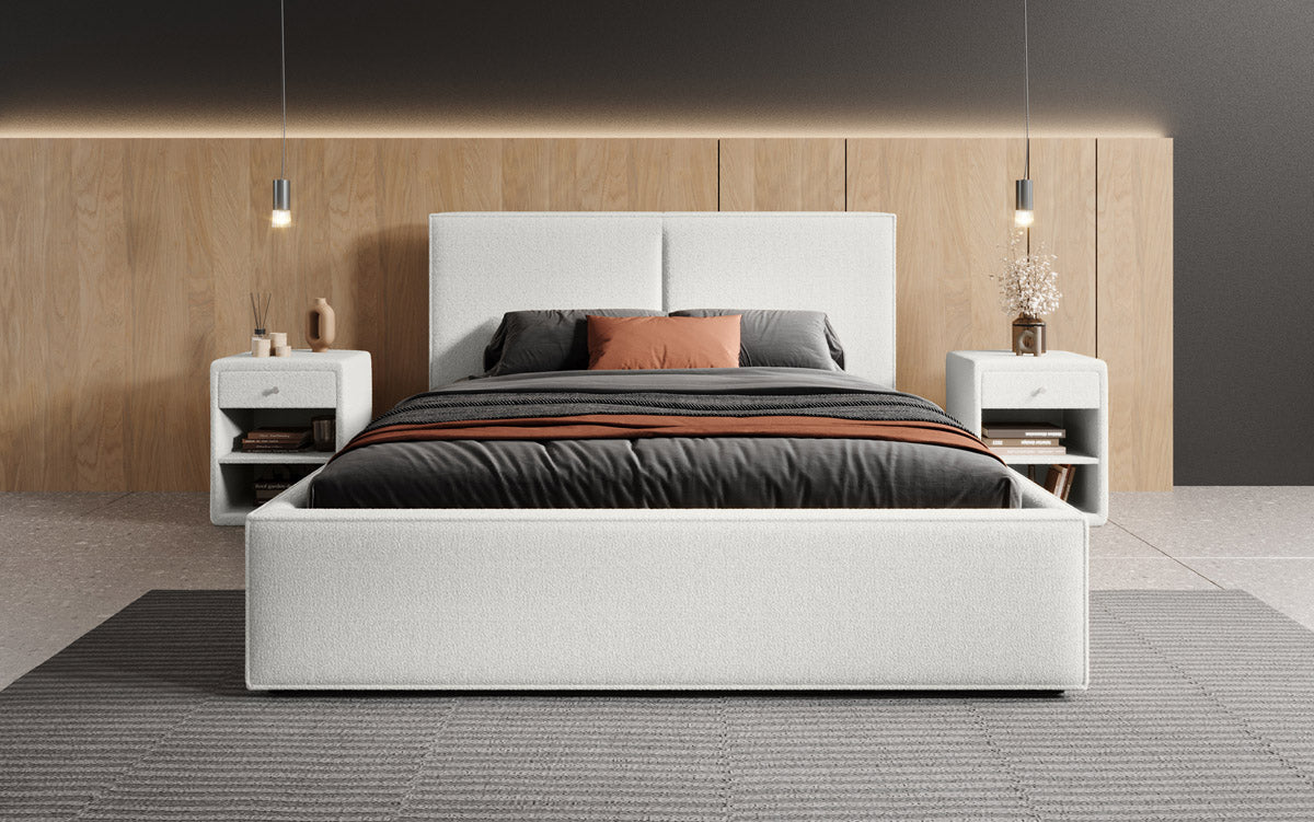 Designer Polsterbett Elara in Bouclé mit Stauraum