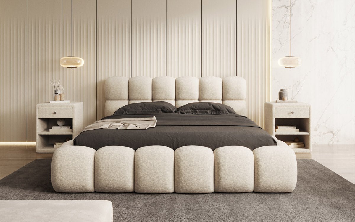 Designer gestoffeerd bed Boston Bouclé met opbergruimte