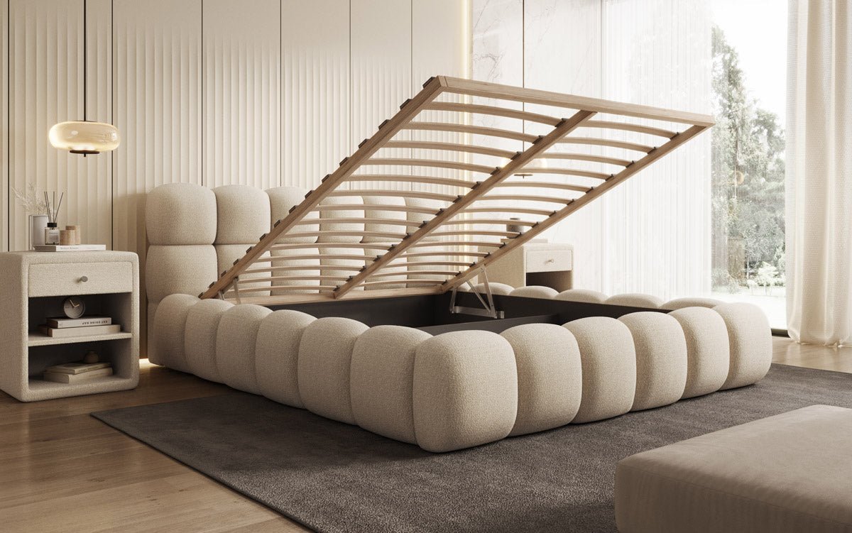 Designer gestoffeerd bed Boston Bouclé met opbergruimte