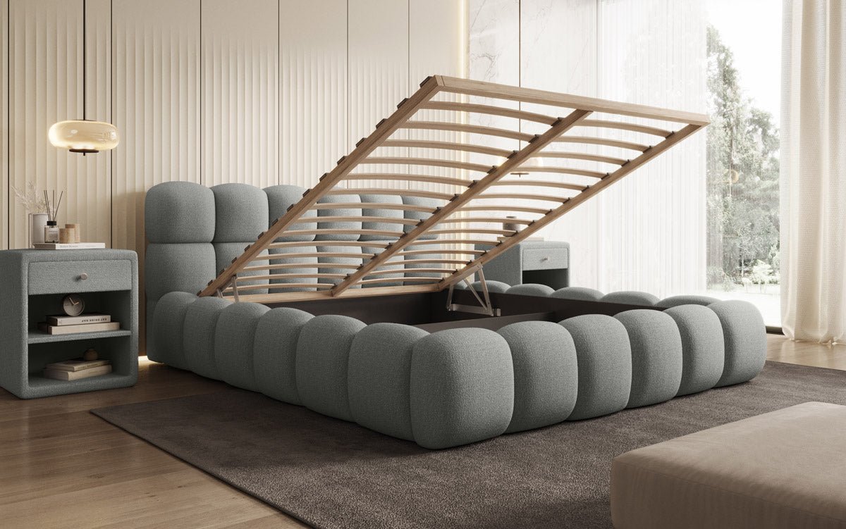 Designer gestoffeerd bed Boston Bouclé met opbergruimte