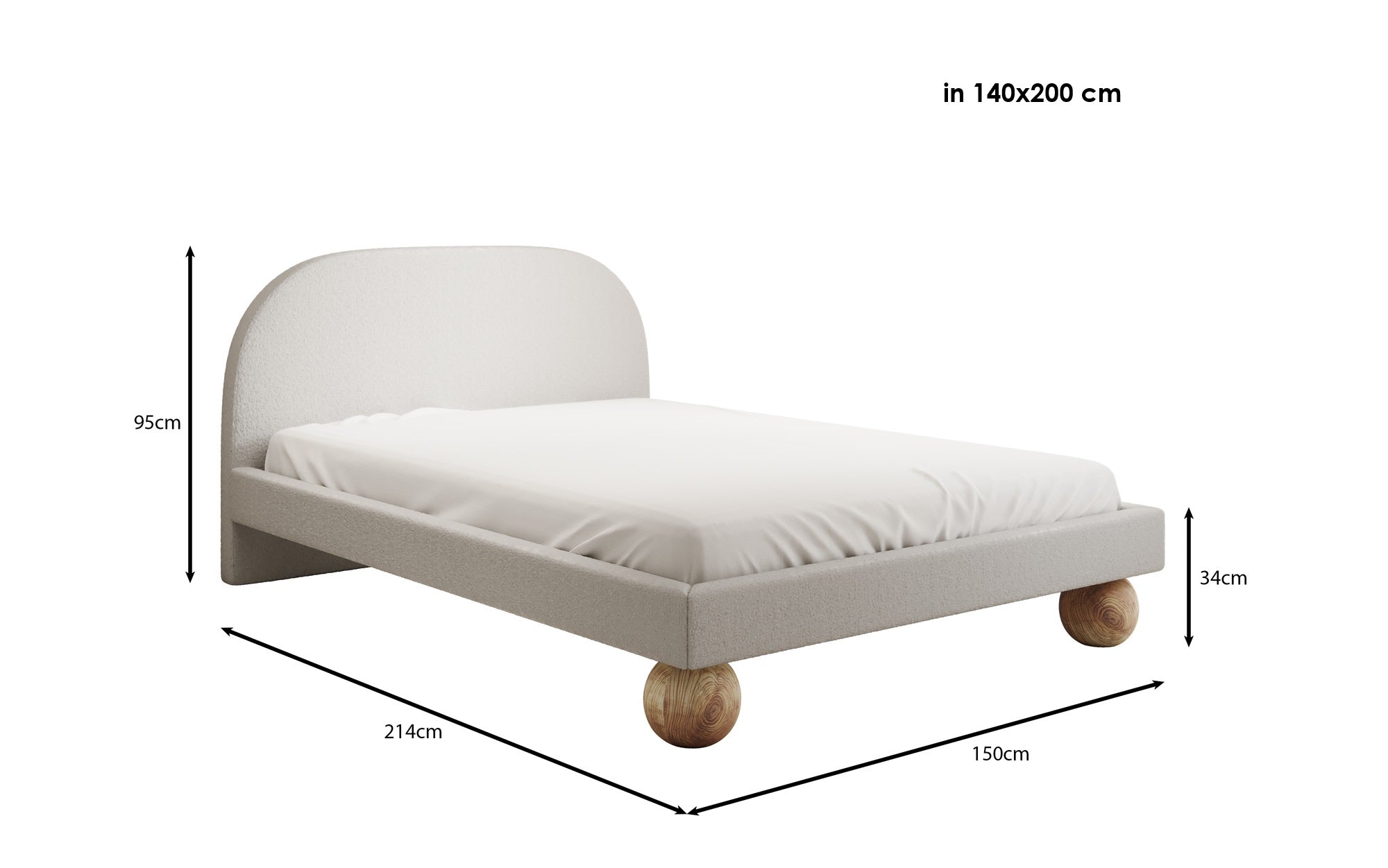 Lit design Milo en Bouclé avec pieds en bois ronds
